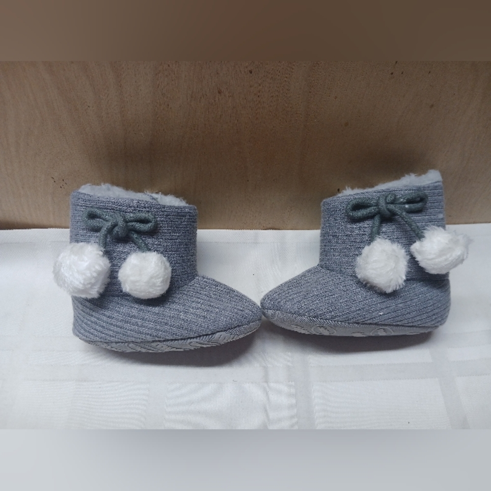 Myggpp Baby Infant Ankle Boots/Soft Sole, Gray , pompom /Size 3 6-9mo